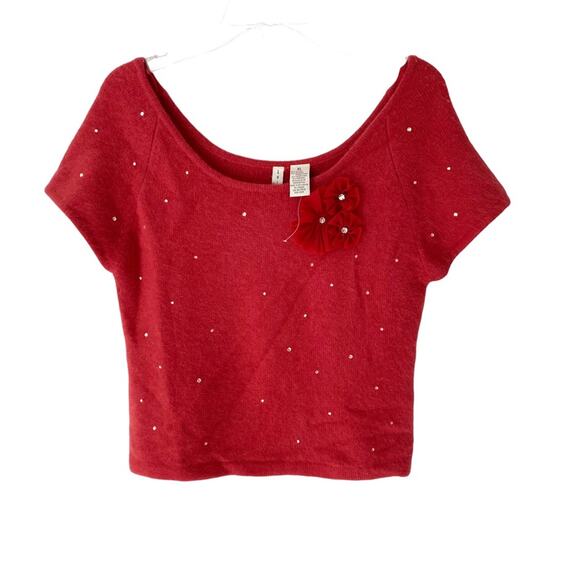 Twiggy Angora Crop Salmon Pink Tulle Flower Rhinestone Sweater XL - Picture 1 of 6